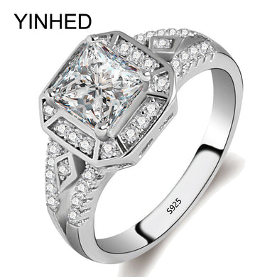 YINHED Princess Square Cubic Zircon Wedding Rings for Women Real 925 Sterling Silver Jewelry CZ Daimond Engagement Ring ZR353