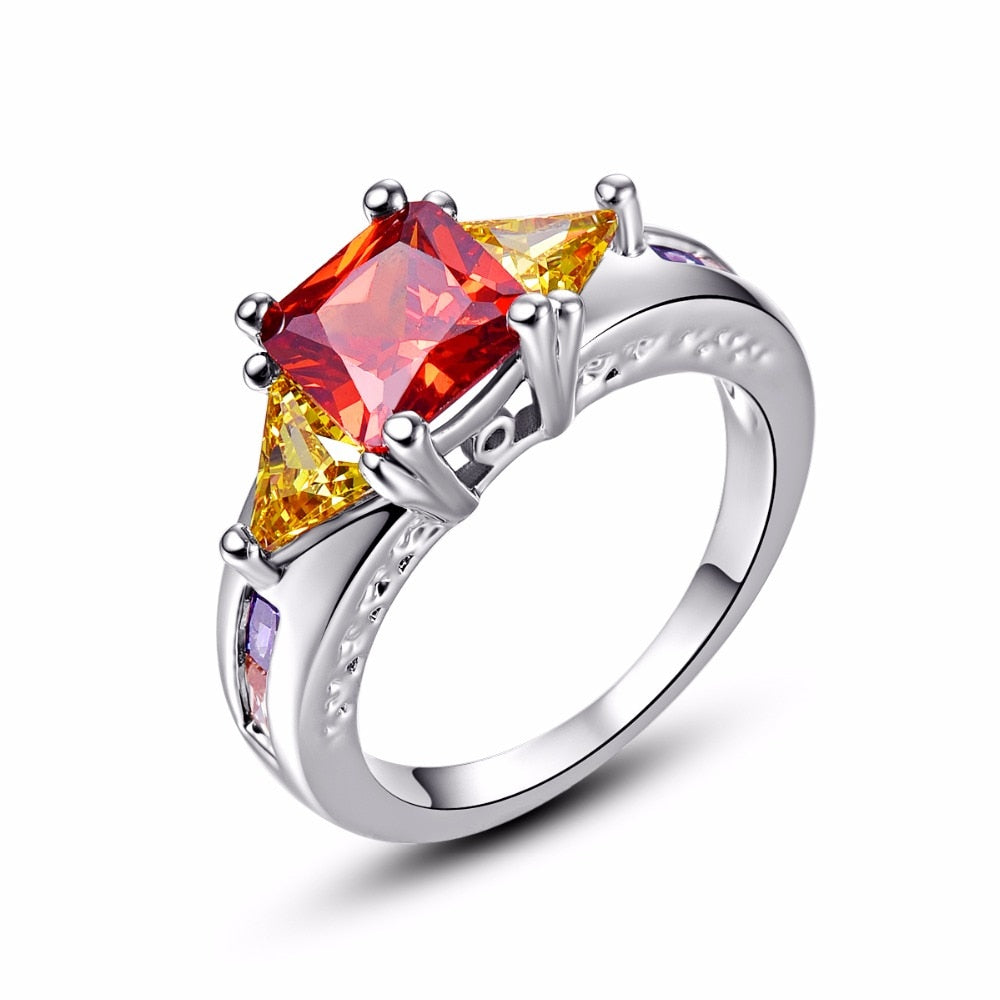 Hot Trendy Multi Colorful Stone Princess CZ Simulated Daimond Pave Engagement Party Finger Ring Silver Jewelry For Women Gift