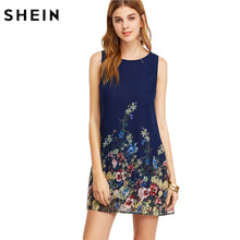 Load image into Gallery viewer, SHEIN Womens Dresses New Arrival 2017 Navy Buttoned Keyhole Back Flower Print Scoop Neck Sleeveless A Line Dress