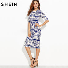 Load image into Gallery viewer, SHEIN Spring Print Dress Women Dresses Blue and White Porcelain Round Neck Three Quarter Length Sleeve Midi Bodycon Pencil Dress