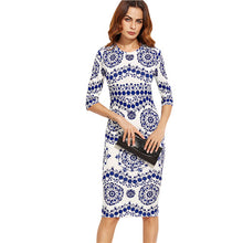 Load image into Gallery viewer, SHEIN Spring Print Dress Women Dresses Blue and White Porcelain Round Neck Three Quarter Length Sleeve Midi Bodycon Pencil Dress