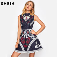 Load image into Gallery viewer, SHEIN Mixed Print Fit and Flare Jacquard Dress Multicolor Floral Print Band Collar Sleeveless Elegant Party Dress