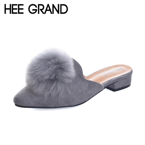 HEE GRAND Woman Mules Spring and Autumn Pumps Flock Vamp Shoes with Wool Balls  Women's Shoes XWD6097