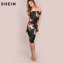 Load image into Gallery viewer, SHEIN Sexy Party Dresses Bodycon Off Shoulder Dress Black Bardot Neckline Floral Bodycon Knee Length Elegant Dress