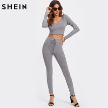 Load image into Gallery viewer, SHEIN Grey Long Sleeve Rib Knit Marled Hoodie Sexy Crop Tee and Leggings Set Autumn 2 Piece Set Women Pant and Top