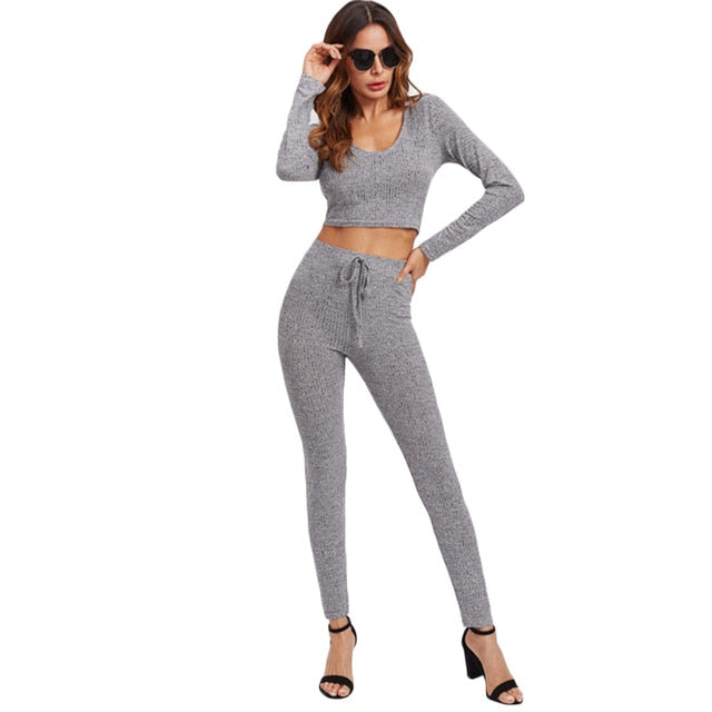 SHEIN Grey Long Sleeve Rib Knit Marled Hoodie Sexy Crop Tee and Leggings Set Autumn 2 Piece Set Women Pant and Top