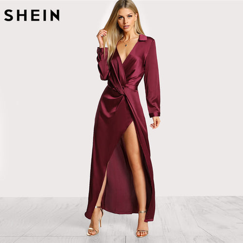 SHEIN Burgundy Sexy Party Dress Satin Front Twist Wrap Dress Lapel Deep V Neck Long Sleeve Split Maxi Shirt Dress