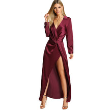 Load image into Gallery viewer, SHEIN Burgundy Sexy Party Dress Satin Front Twist Wrap Dress Lapel Deep V Neck Long Sleeve Split Maxi Shirt Dress