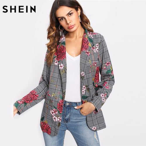 SHEIN Plaid Blazer Women Long Sleeve Womens Colored Fashion Blazer Multicolor Shawl Collar Pocket Casual Floral Blazer