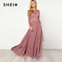 Load image into Gallery viewer, SHEIN Pink Crop Lace Top &amp; Knot Skirt Set Women Round Neck Long Sleeve Belt Elegant Two Pieces Sets 2018 Spring Plain Twopiece