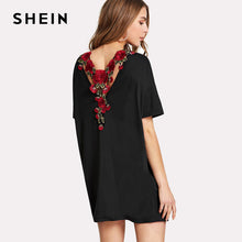 Load image into Gallery viewer, SHEIN Summer Beach Black Dress Flower Applique V Back Tunic Dress Weekend Casual Straight Round Neck Tunic Short Dress