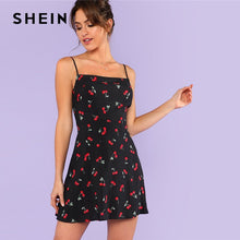 Load image into Gallery viewer, SHEIN Allover Cherry Print Cami Dress Women Spaghetti Strap Sleeveless Zipper Weekend Casual Dress 2018 Loose Short Dress