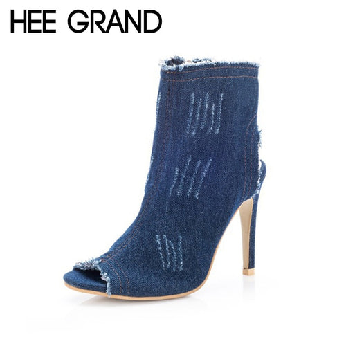 HEE GRAND Denim Women Thin Heel Pumps 2018 Retro Women High Heels Peep Toe Spring Shoes Slip On Pumps WXG531