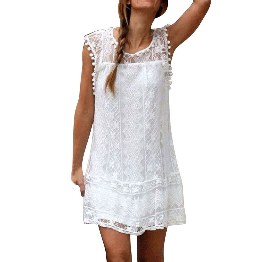 Women Casual Lace Sleeveless Beach Short Dress Tassel Mini Dress