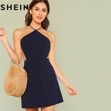 Load image into Gallery viewer, SHEIN Women Navy Sleeveless Backless Sexy Club Mini Dress 2018 Summer Party Strappy Back Zipper Solid Shift Halter Short Dresses