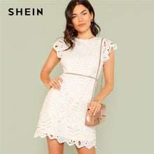 Load image into Gallery viewer, SHEIN Zip Back Crochet Lace Dress 2018 Summer Round Neck Cap Sleeve Zipper Sheath Dress Women White Solid Party Going Out Dress