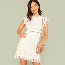 Load image into Gallery viewer, SHEIN Zip Back Crochet Lace Dress 2018 Summer Round Neck Cap Sleeve Zipper Sheath Dress Women White Solid Party Going Out Dress