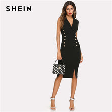 Load image into Gallery viewer, SHEIN Black Elegant Notched V Neck Double Button Sleeveless Pencil Knee-Length Skinny Dress Summer Women Sexy Workwear Dresses