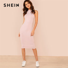 Load image into Gallery viewer, SHEIN Pink Mock Neck Rib Knit Plain Pencil Dress Women Stand Collar Sleeveless Slim Dress 2018 Elegant Going Out Bodycon Dress