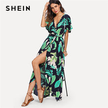 Load image into Gallery viewer, SHEIN Multicolor Vacation Boho Bohemian Beach Jungle Leaf Print Self Belted Wrap High Waist Maxi Dress Summer Women Sexy Dress