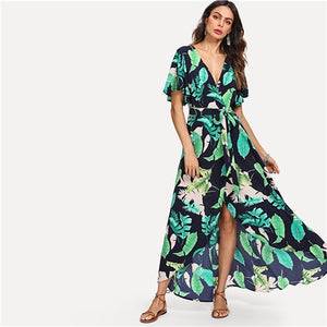 SHEIN Multicolor Vacation Boho Bohemian Beach Jungle Leaf Print Self Belted Wrap High Waist Maxi Dress Summer Women Sexy Dress