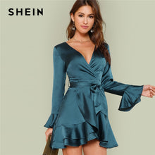 Load image into Gallery viewer, SHEIN Blue Party Elegant Sexy Split Back Ruffle Trim Overlap Front Belted Deep V Neck High Waist Solid Autumn Dress For Women