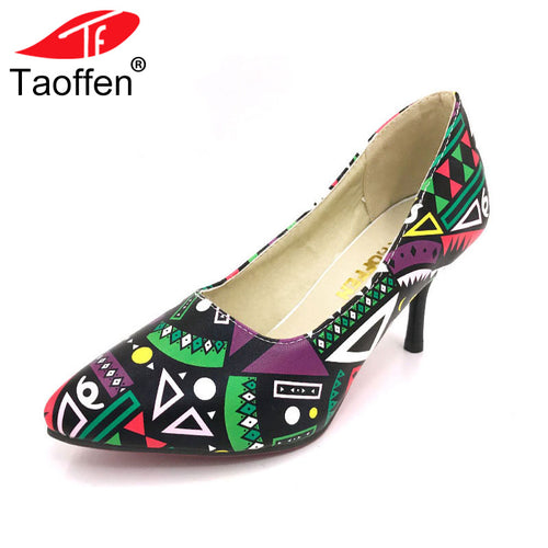 TAOFFEN Size 32-45 Women Pumps 2016 Hot Leather Sexy Pointed Toe Ladies High Heel Shoes Wedding Court Floral Shoes Footwear