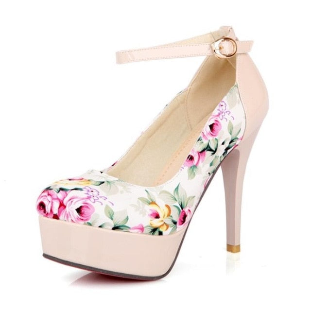 TAOFFEN Women Flower Print High Heels Platform Single Shoes Ultra Pumps Patchwork Evening Dress Shoes Ladies Footwear Size 32-42