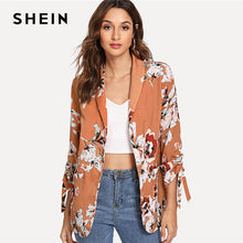 Load image into Gallery viewer, SHEIN Khaki Drawstring Sleeve Floral Print Coat Office Ladies Long Sleeve Waterfall Outerwear Women Autumn Workwear Clothes