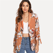 Load image into Gallery viewer, SHEIN Khaki Drawstring Sleeve Floral Print Coat Office Ladies Long Sleeve Waterfall Outerwear Women Autumn Workwear Clothes