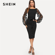 Load image into Gallery viewer, SHEIN Black Party Elegant Flower Applique Contrast Mesh Sleeve Form Fitting Belted Solid Dress Autumn Women Streetwear Dresses