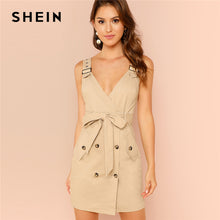 Load image into Gallery viewer, SHEIN Khaki Highstreet Office Lady Adjustable Strap Pocket Side Deep V Neck Belted High Waist Dress Summer Women Casual Dresses