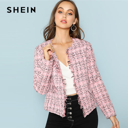 SHEIN Multicolor Elegant Office Lady Frayed Edge Plaid Tweed Blazer 2018 New Fashion Autumn Highstreet Women Outwear