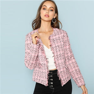 SHEIN Multicolor Elegant Office Lady Frayed Edge Plaid Tweed Blazer 2018 New Fashion Autumn Highstreet Women Outwear