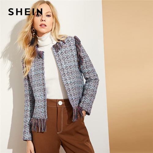 SHEIN Multicolor Fringe Trim Tweed Blazer Elegant Plaid Long Sleeve Collarless Workwear Blazers Women OL Work Autumn Coats