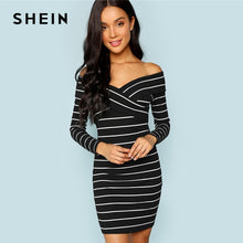 Load image into Gallery viewer, SHEIN Black and White Cross Criss Striped Bodycon Dress Party Sexy V Neck Long Sleeve Dresses Women Autumn Elegant Mini Dress