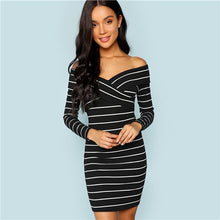 Load image into Gallery viewer, SHEIN Black and White Cross Criss Striped Bodycon Dress Party Sexy V Neck Long Sleeve Dresses Women Autumn Elegant Mini Dress