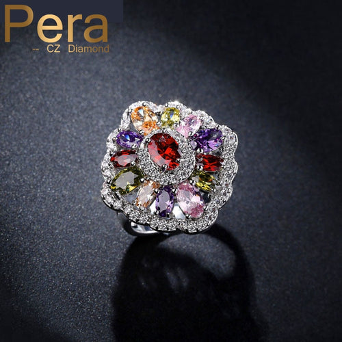 Luxury White Gold Color Bridal Big Flower Colorful Cubic Zirconia Simulated Daimond Jewelry Women Wedding Ring For Brides R035