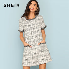 Load image into Gallery viewer, SHEIN Grey Plaid Frayed Edge Button Detail Tweed Dress Elegant Frill Straight Short Dresses Women Autumn Workwear Mini Dress