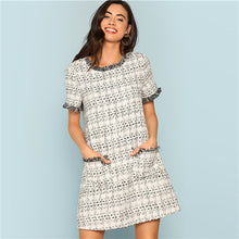 Load image into Gallery viewer, SHEIN Grey Plaid Frayed Edge Button Detail Tweed Dress Elegant Frill Straight Short Dresses Women Autumn Workwear Mini Dress