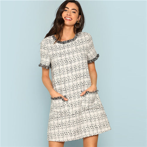 SHEIN Grey Plaid Frayed Edge Button Detail Tweed Dress Elegant Frill Straight Short Dresses Women Autumn Workwear Mini Dress