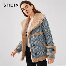 Load image into Gallery viewer, SHEIN Multicolor Waterfall Collar Contrast Faux Fur Plaid Coat Casual Single Breasted Pocket Outerwear Women Tweed Winter Coats