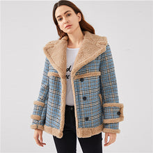 Load image into Gallery viewer, SHEIN Multicolor Waterfall Collar Contrast Faux Fur Plaid Coat Casual Single Breasted Pocket Outerwear Women Tweed Winter Coats