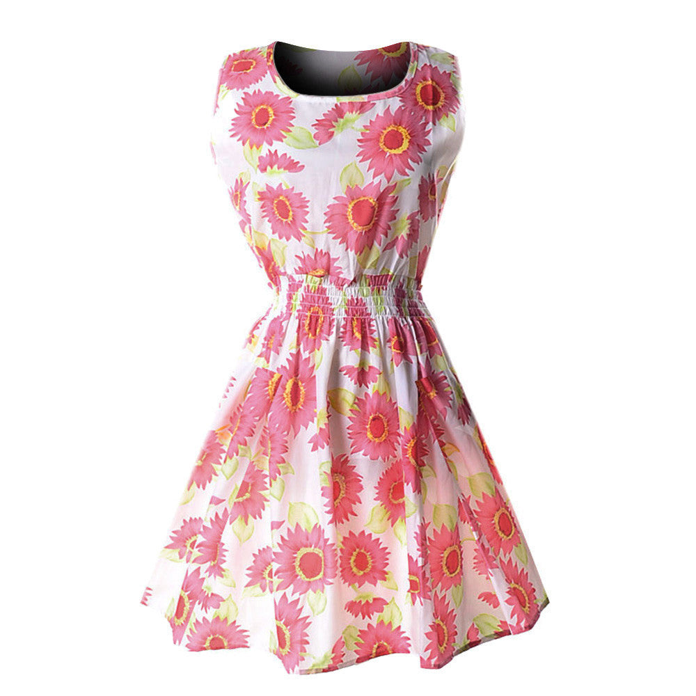 Women Casual Chiffon O-Neck Sexy Sleeveless Print Beach Mini Party Dress