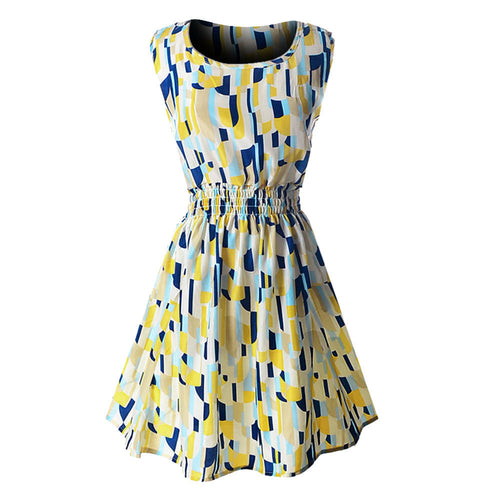 Women Casual Chiffon O-Neck Sexy Sleeveless Print Beach Mini Party Dress