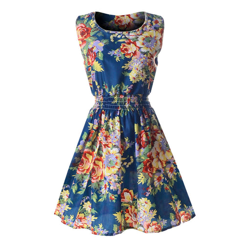 Women Casual Chiffon O-Neck Sexy Sleeveless Print Beach Mini Party Dress