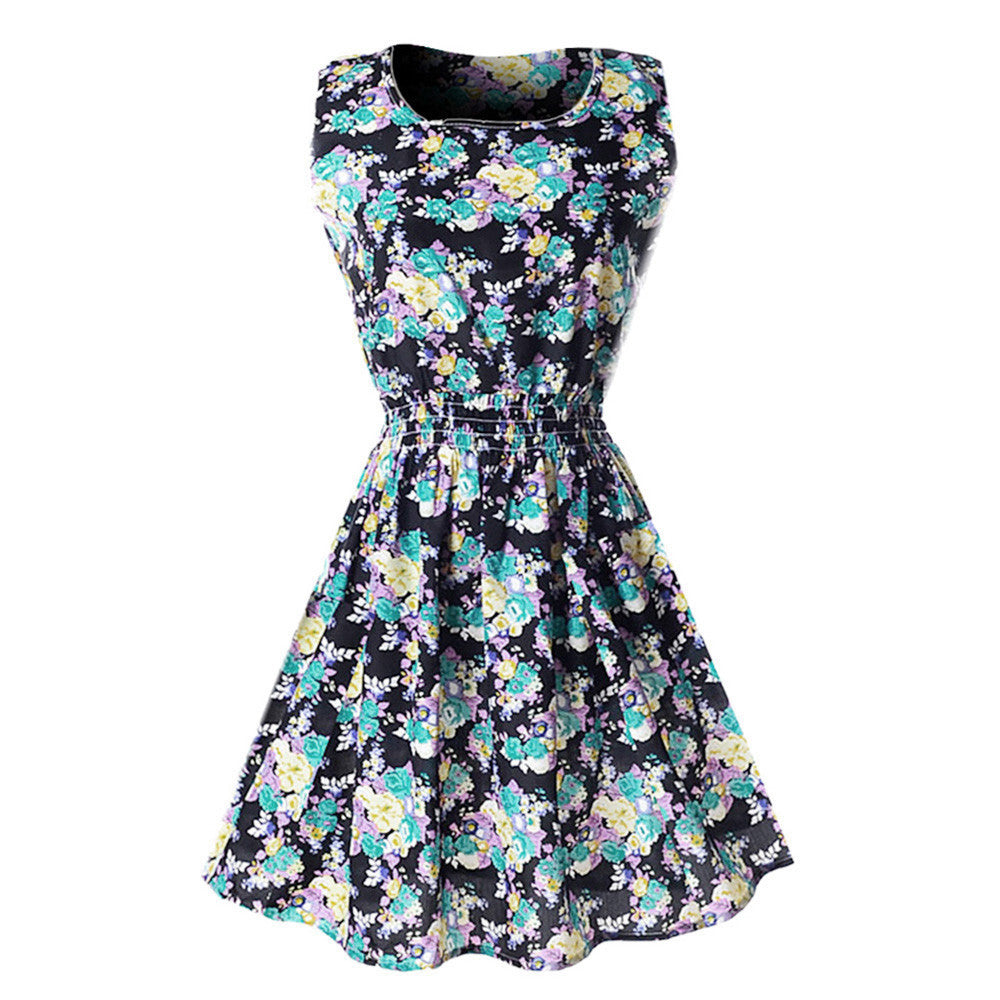 Women Casual Chiffon O-Neck Sexy Sleeveless Print Beach Mini Party Dress