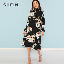 Load image into Gallery viewer, SHEIN Black Print Mock Neck Pleated Panel Floral Dress Elegant Ruffle Streetwear Trip High Waist Women Autumn Dresses