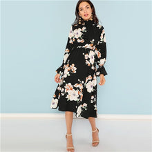 Load image into Gallery viewer, SHEIN Black Print Mock Neck Pleated Panel Floral Dress Elegant Ruffle Streetwear Trip High Waist Women Autumn Dresses