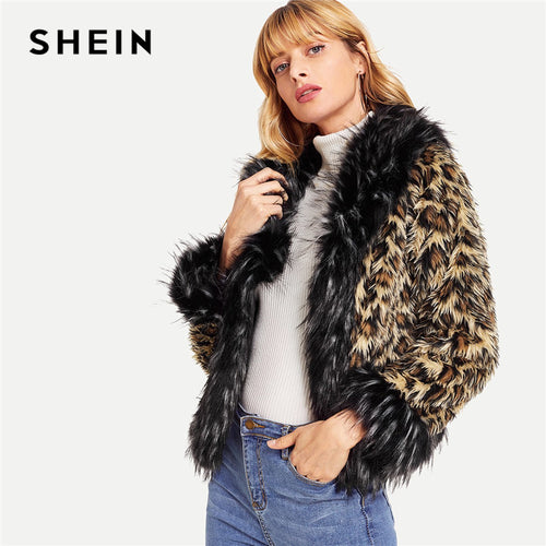 SHEIN Multicolor Elegant Highstreet Faux Fur Leopard Print Long Sleeve Casual Coat 2018 Winter Streetwear Woman Fur Coats